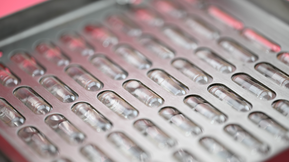 Empty clear gelatin capsules loaded in a capsule filling machine tray ready to be filled with your own clean supplements.