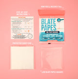 Blate Papes packaging showing whats in the box you receive on a pink background