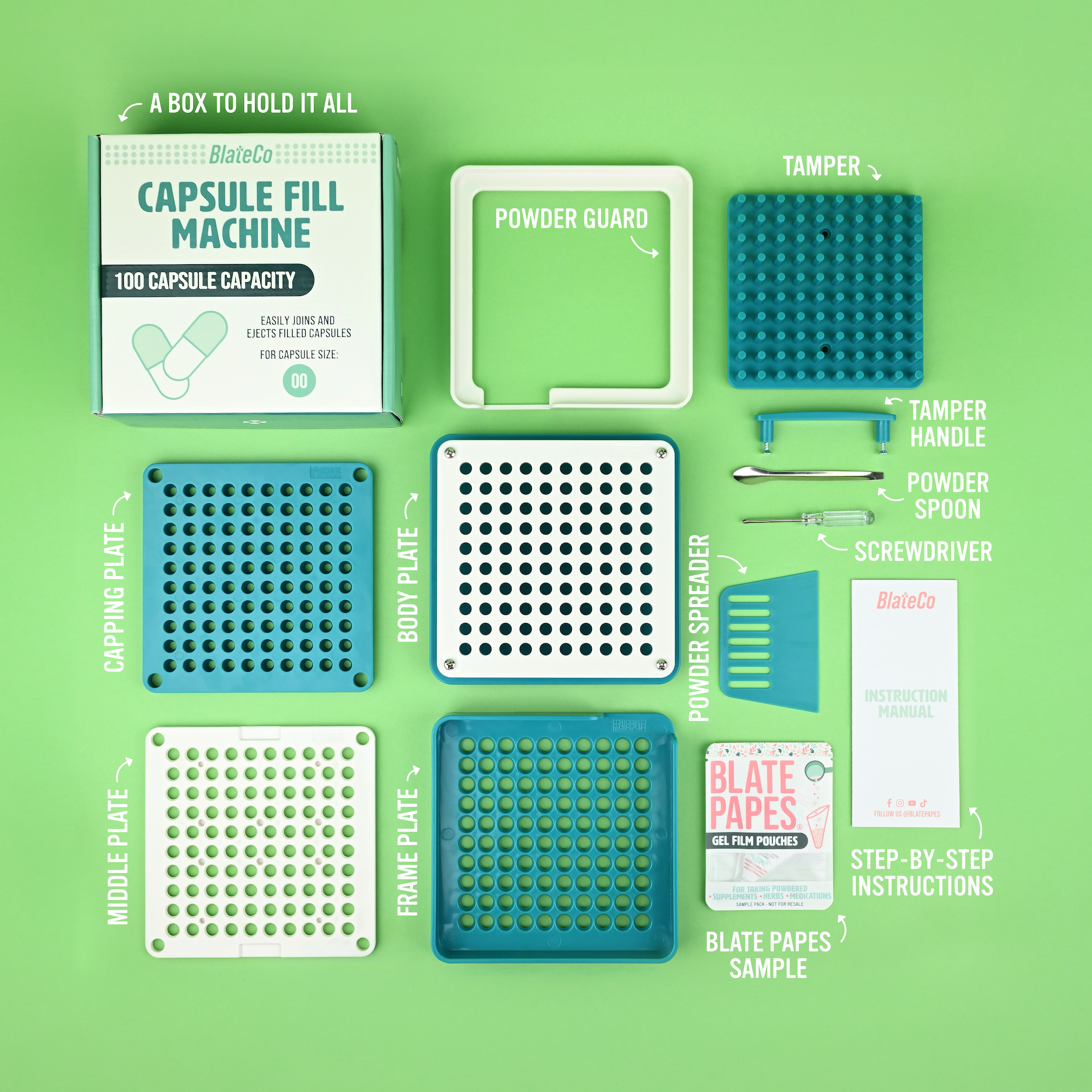 BlateCo Capsule Fill Machine components on a green background #color_teal