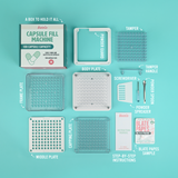 Capsule fill machine components on a teal background with labels  #color_transparent